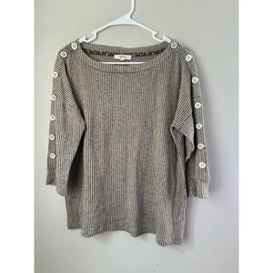 Peyton Primrose Waffle Knit Top Button Detail 3/4 Sleeve Tan Black M Casual Cozy
